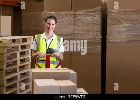Roter manueller Palettenhubwagen, der im Lager zwischen gestapelten Kartonkisten und Holzpaletten wartet Stockfoto
