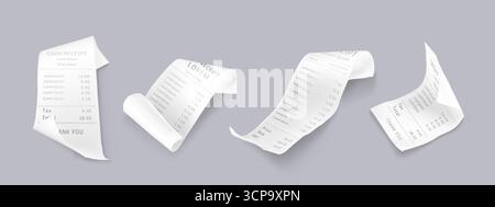 Papierstreifen mit gedrucktem Text und Zahlen auf grauem Hintergrund für Einzelhandelstransaktionen. Weiße Zahlungsbelege mit Preisen und Steuern für Shopping- oder Buchhaltungsmodelle. Stock Vektor