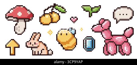 Pixel-Icon-Set mit 8-Bit-Pilz, rosa Herz und Ballonhund für Retro-Gaming-Ästhetik. Süßes Häschen und Sprossen, Bienen, Diamanten und Sprechblase. Nostalgische Arcade-Elemente für y2k-Vintage-Design Stock Vektor