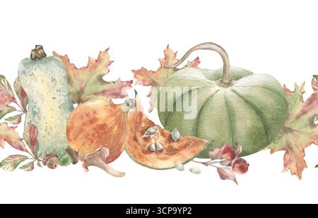 Nahtloser Rand mit grünem Kürbis, Ahornblatt und Krabbenäpfeln isoliert weiß. Horizontales Wiederholungsbanner im Herbst in neutralen Farben Stockfoto