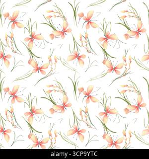 Botanischer Garten mit weichen Schmetterlingen Aquarellmuster isoliert weiß. Handgezeichnete wilde Blumen, Gräser und zarte Schmetterlinge Freiheit Stockfoto