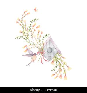 Vogelhaus mit Aquarell und kleine Blumen, die in sanfter Farbe auf weiß gezeichnet sind. Ein Bündel wilder Blumen, gebunden mit Schleife und fliegende Vogelschwalbe Stockfoto
