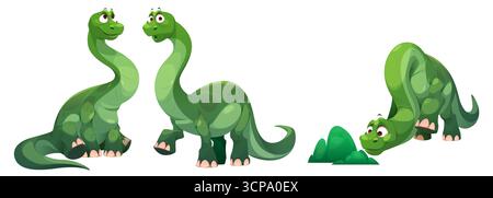 Grüner Dinosauriercharakter mit freundlichen Ausdrücken für Kinder, Lernmaterialien und Spieldesign. Langhalsiger Brachiosaurus sitzend und gehend. Lächelnder, neugieriger Brontosaurus riecht Busch. Stock Vektor