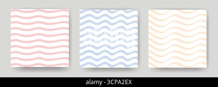 Set aus zarten pastellfarbenen quadratischen Hintergründen mit wellenförmigen Linien. Sich wiederholende horizontale Wellen in Blau, Rosa und Beige auf weißem Hintergrund. Abstrakte Muster Stock Vektor