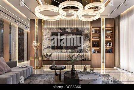Ultimatives luxuriöses, modernes Wohnzimmer mit Marmorwand, elegantem goldenen Kronleuchter und eingebautem Holzschrank Stockfoto