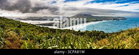 Panoramablick über Allans Beach von Sandymount, Otago Halbinsel, Dunedin, Otago, Südinsel, Neuseeland Stockfoto