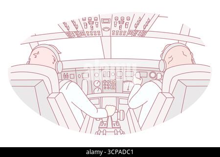 Piloten in der Kabine des Flugzeugs während des Fluges. Flugzeugbesatzung vor dem Werk. Luftfahrt und Fliegen. Vektorgrafik. Stock Vektor