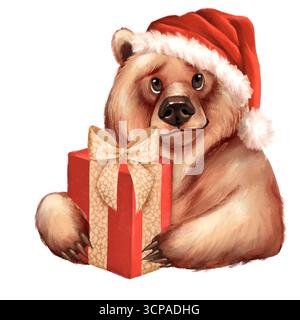 Handgezeichnete Illustration eines niedlichen Bären in einem Weihnachtsmann-Hut, der eine verzierte Geschenkbox hält. Design für Weihnachtskarten, Kinderdekor oder Feiertagsprojekte Stockfoto