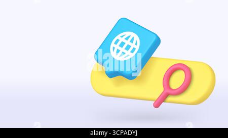 Blauer Globus mit Suchleiste und Lupensymbol für Internet-Browsing, Suchtechnologien und globale Datentools. 3D realistischer Symbolkopierbereich Stock Vektor