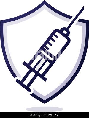 Vaccine Shield Protection. Moderne Illustration einer medizinischen Spritze umringt von einem robusten Verteidigungsemblem. Symbolisiert starke Immunität, Wellness Stock Vektor