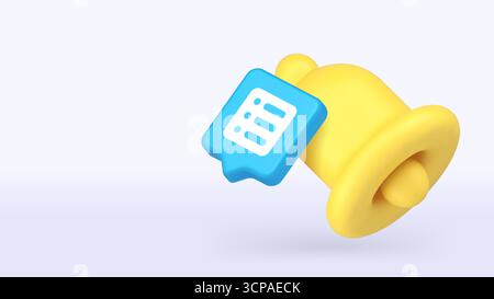Gelbe Glocke mit blauem Listensymbol in lebendigem, modernem Stil repräsentiert Alarme, Erinnerungen und Funktionen zur Zeitverwaltung. 3D realistisches Symbol kopieren Spac Stock Vektor