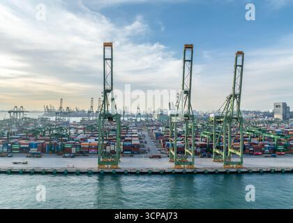 Singapur, Singapur - 06. Dezember 2024: Luftaufnahme des weitläufigen Pasir Panjang Terminals, einer Symphonie von gestapelten Containern unter hoch aufragenden Kränen vor einem ruhigen Himmel. Stockfoto