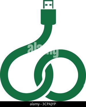 Grünes Symbol für USB-Kabelschleife. Eine stilisierte smaragdgrüne Datenverbindung veranschaulicht digitale Konnektivität und den ständigen Informationsaustausch. Modernes minimalistisches Design Stock Vektor