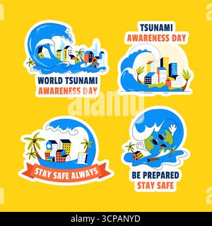 Label Design Illustration mit Cartoon Vorlagen Hintergrund für World Tsunami Awareness Day Stock Vektor