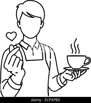 Freundliches Barista Kaffeeherz. Minimalistische Darstellung der Kellner, die Zuneigung zu Getränken und Gästen zeigt. Steht für Gastfreundschaft und Pflege in einem Getränk Stock Vektor