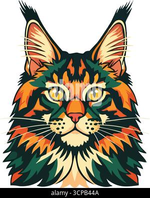 Auffälliges Design Mit Katzenkopf. Ein beeindruckendes Tierkunstwerk mit einem kraftvollen Kätzchen in dynamischen Farbtönen. Diese lebendige Bildsprache verkörpert die Kreatur Stock Vektor