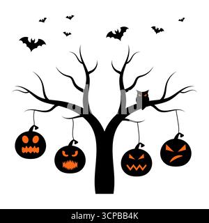 Halloween Kürbisbaum. Eine gruselige Halloween-Szene mit einem kargen schwarzen Baum, der vier Halloween-Kürbisse hängt, jeder mit verschiedenen finsteren Ausdrücken. Stock Vektor