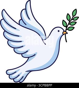 Friedliche Taube mit Olivenzweig. Illustrierte weiße Taube im Flug, mit einem grünen Zweig. Dieses klassische Emblem steht für globale Harmonie, neue Hoffnung Stock Vektor