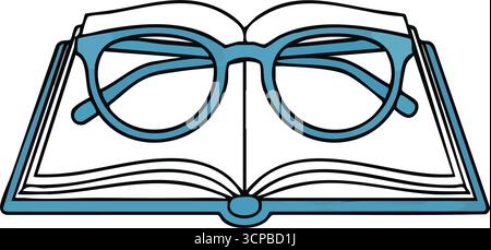 Bildungs- und Alphabetisierungskonzept. Die lebendige Grafik zeigt ein geöffnetes Buch mit blauen Brillen. Es symbolisiert intellektuelles Streben, tiefes Denken und t Stock Vektor
