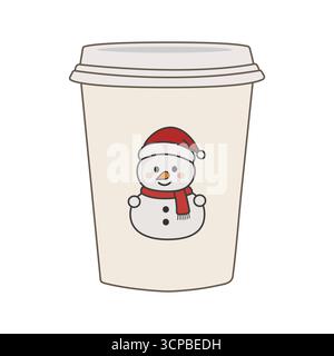 Pappbecher mit Weihnachtsmotiv und niedlicher Schneemannfigur, perfekt für Weihnachtsaktionen oder Coffee-Shop-Designs. Stock Vektor
