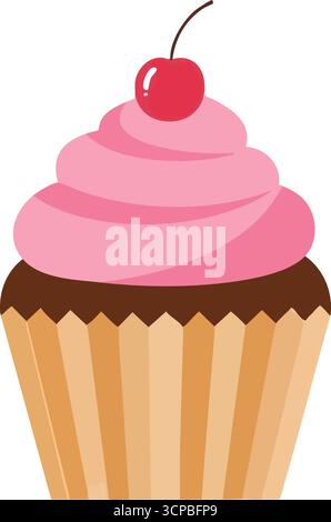 Süßer rosafarbener Cupcake mit Kirsche. Ein bezauberndes Baked Good besticht durch üppiges Topping und eine reife rote Garnitur. Es symbolisiert Glück, Genussfreude Stock Vektor