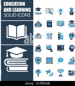 Solide Symbole FÜR BILDUNG UND LERNEN | Symbole für akademische, schulische und Wissensvektoren Stock Vektor