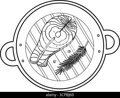 Handgezeichnetes Lachssteak und Rosmarinzweig mit Pfeffer im minimalistischen Design des Grill Pan-Logos. Isolierte Vektor-Illustration gesunde Ernährung Verwandte Inhalte Design Idee Rezept Menü Karten, Flugblätter Stock Vektor