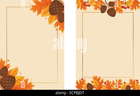 Zwei beige Vorlagen mit Tannenzapfen, orangefarbenen und gelben Herbstblättern und Beeren. Herbsteinladungen Stock Vektor