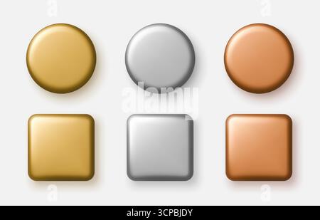 Set aus Knöpfen in Gold, Silber und Bronze in runden und quadratischen Formen für Benutzeroberfläche oder Infografiken. Vektorabbildung. Stock Vektor