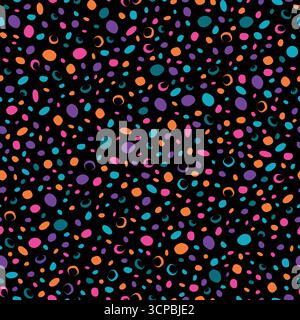 Ein lebendiges und farbenfrohes Set abstrakter gepunkteter Muster vor tiefschwarzem Hintergrund Stock Vektor