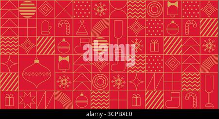 Nahtloses Weihnachtsmuster mit goldenen Linien auf rotem Hintergrund. Vektor-Urlaubsdesign. Stock Vektor
