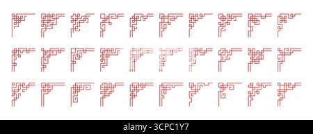 Vektorsatz chinesischer Ecken. Rote japanische Border Rahmen Design Kunst, asiatische Vintage Ornamente isoliert auf weißem Hintergrund. Traditionelles koreanisches Dekorationselement, japanische Dekoration mit alter Linienkultur Stock Vektor