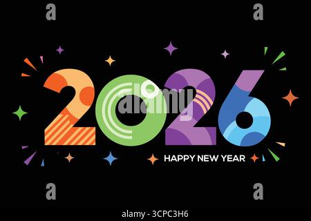 Lebhaftes Happy New Year 2026 Design mit abstrakten Formen und Sternbildern, festliche Grafiken für Feiertagskarten, Poster und Feiertagsveranstaltungen. Stock Vektor