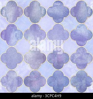 Nahtloses Kleeblatt-Muster im gotischen Stil mit Wasserfarben. Abstrakter handgezeichneter Aquarellhintergrund mit pastelllila leuchtenden Kleeblättern Stockfoto