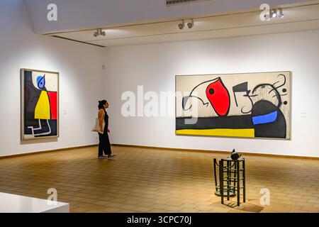 Frau, die Joan Miró Gemälde bewundert, Fundació Joan Miró, Joan Miro Foundation, Barcelona, Katalonien, Spanien Stockfoto