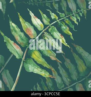 Nahtloses Aquarellmuster mit handgezeichnetem grünen Farn. Botanische Illustration einer Waldpflanze auf dunkelgrünem Hintergrund. Zur Dekoration von Wald Stockfoto