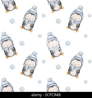 Nahtloses Aquarellmuster mit süßem Pinguin, der blauen Hut mit Pompon und Schal auf weißem Hintergrund mit Schneeflocken trägt. Fröhliche Winterillustration festlicher und fröhlicher Tage Stockfoto