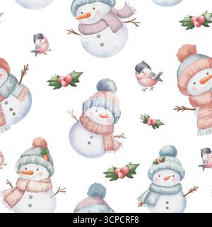 Nahtloses Aquarellmuster mit lächelnden Schneemännern in pastellfarbenen Hüten und Tüchern, Möhrennasen, Bullfinken, Weihnachtsstern und grünen Blättern. Weihnachts- und Neujahrskonzept auf weißem Hintergrund Stockfoto
