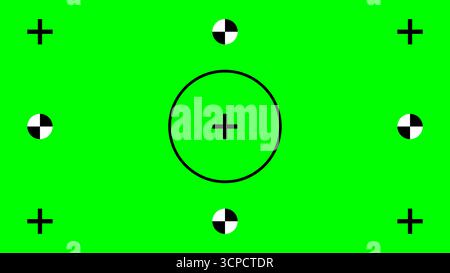 Heller grüner Bildschirmhintergrund mit Chroma-Taste und vier Eckmarkierungen und einer zentralen Kreismarkierung, die in der Filmproduktion und Videobearbeitung für Motion t verwendet wird Stockfoto