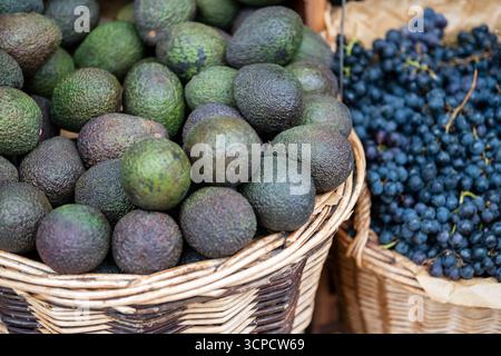 Frische Avocados werden in einem gewebten Korb ausgestellt, wobei dunkle Trauben in einem zweiten Korb im Hintergrund sichtbar sind, was auf einen Markt oder ein Lebensmittelgeschäft hindeutet Stockfoto