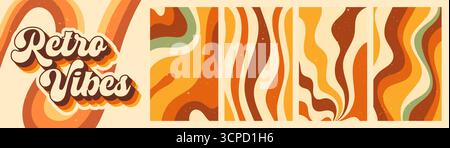 Ein Set mit 4 zebra Y2K groovigen Postern in warmen Boho-Farben. Große Vorschau mit Retro-Vibes-Text. Stock Vektor