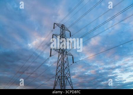 UK Electrical Pylon bei Sonnenuntergang, Hochspannungsleitungen Teil einer modernen Elektrizitätsinfrastruktur am Abend Stockfoto