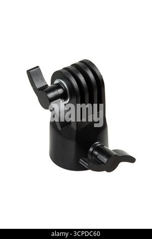 Ein schwarzer Adapter für die Stativmontage der Action-Kamera auf weißem Hintergrund. Stockfoto