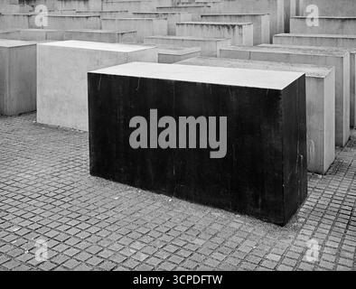 BERLIN, DEUTSCHLAND - 10. NOVEMBER 2024: Ein weißer und ein schwarzer Block (Stelen) heben sich zwischen allen anderen grauen Blöcken der Gedenkstätte hervor Stockfoto
