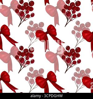 Schöne rote Schleifen, Band mit langen Schwänzen, Textil aus Satin und rote saftige Beeren auf einem Zweig, nahtloses Muster. Aquarell Stockfoto
