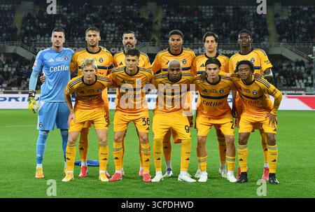 Mannschaftsbild des Pisa SC während des Coppa Italia Spiels zwischen Turin FC und Pisa SC im Stadio Olimpico Grande Turin am 13. September 2025 in Turin. (Foto: Chris Ricco) Stockfoto