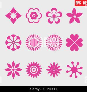 Blumensymbole werden isoliert auf transparentem Hintergrund gesetzt. Silhouetten mit Frühlingsblumen-Symbol. Schildersammlung für Gartenpflanzen. Wunderschönes Symbol. Stock Vektor