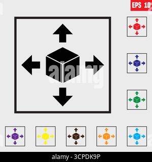 Lieferung logistischen Würfel Box-Paket mit vier Pfeilen in verschiedene Richtungen. Stock Vektor Illustration isoliert auf weißem Hintergrund. Stock Vektor