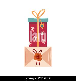 Farbenfrohe Illustration einer Geschenkbox auf einem Umschlag, perfekt für Weihnachtsthemen und festliche Anlässe. Stock Vektor