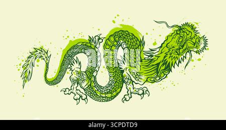 Vektor-Illustration eines grünen chinesischen Drachen. Tätowierung des asiatischen Drachen auf rotem Hintergrund im asiatischen Stil. Chinesisches Neujahr 2024. Jahr des grünen Drachen. Stock Vektor